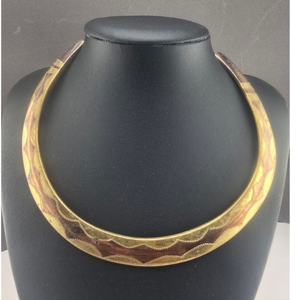 Vintage Estate Torque Necklace Bronze Tone Etched Geometric India 16 Inch